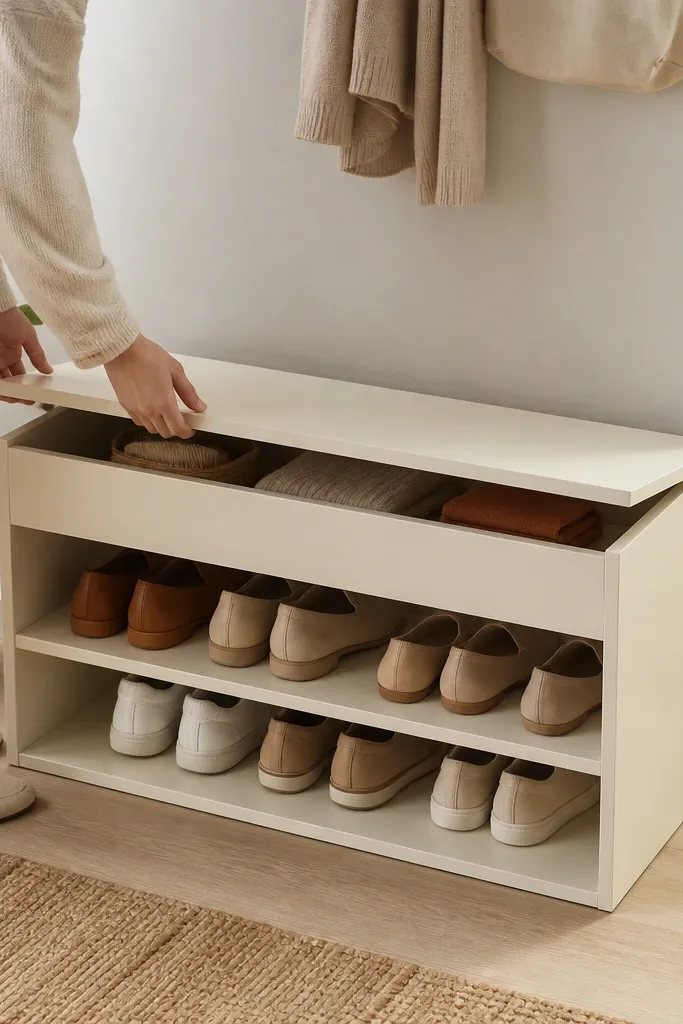 A compact shoe rack with two storage levels. The top shelf lifts off, revealing extra storage underneath. The rack is painted a warm cream color, and the hardware is simple and hidden.
