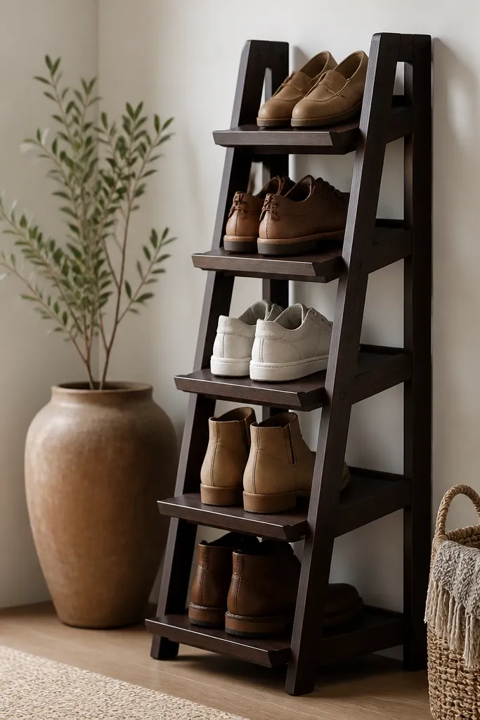 A narrow shoe rack with staggered steps, each shelf slightly higher than the one below. Shoes line up along the steps, and the rack has a simple side frame. The finish is a dark espresso stain with a matte clear coat.