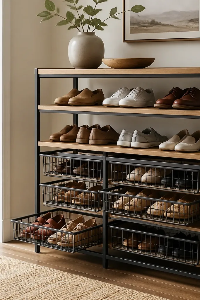 A shoe rack with a front frame and removable baskets in the lower section. The upper shelves are open wood. The baskets are wire or shallow wicker, and they slide out smoothly.