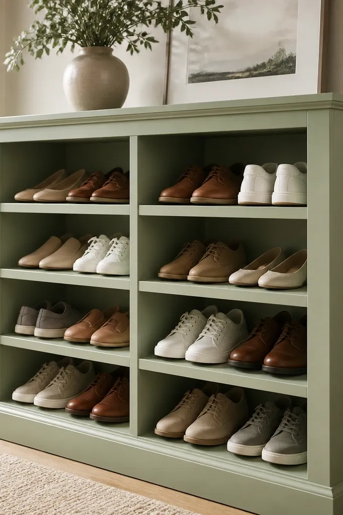 A smooth, painted shoe rack with clean chamfered edges on each shelf. The color is a soft sage green, and the face looks like furniture. Shoes sit neatly inside compartments with crisp lines.