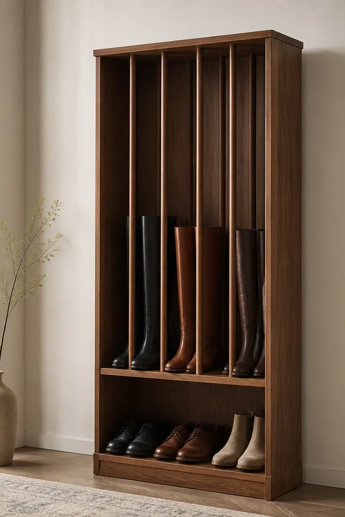 A tall shoe rack designed for boots. It has vertical dowels inside for holding boot shafts, and a lower shelf for shoes. The finish is a medium walnut, and the rack stands against a wall with a clean, tall silhouette.