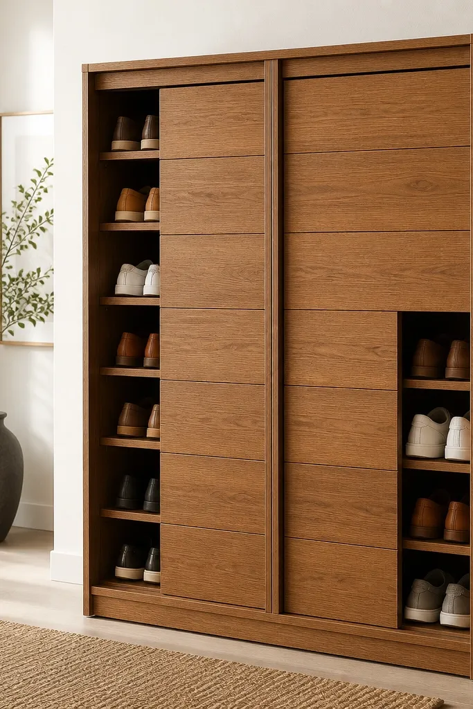 A freestanding rack with two columns and sliding wooden panels in front. The panels cover the shoes when closed and slide open to access pairs. The wood is stained a warm oak and the panels move smoothly.