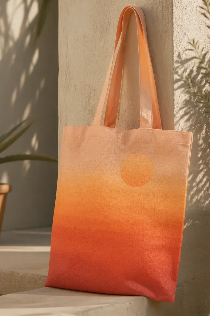 A tote with a smooth sunset gradient: warm coral at the bottom, orange in the middle, and muted peach near the top, with a soft sun circle lightly painted in the upper third.