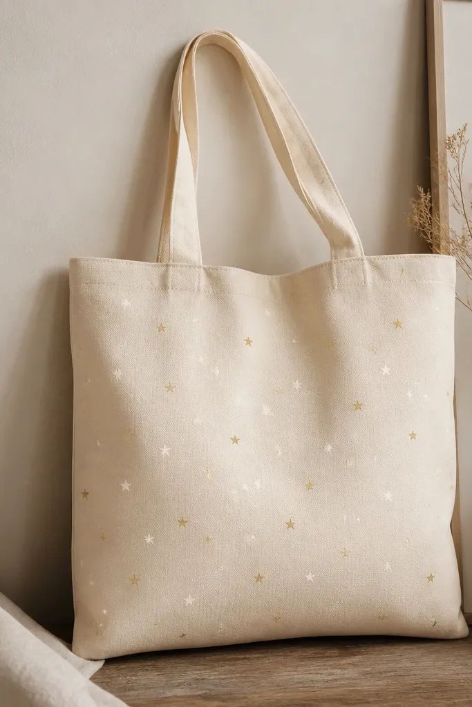 A cream canvas tote covered in small scattered white and pale gold star dots, evenly spaced but still slightly hand-made, like constellations.