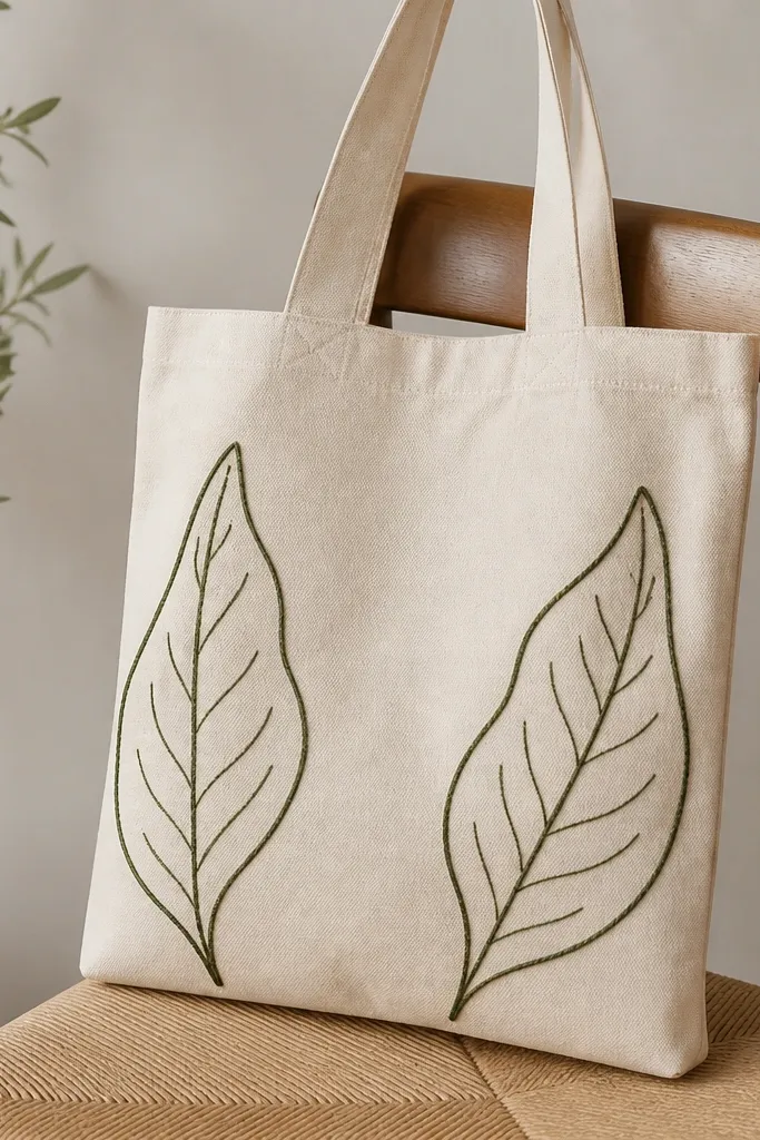 A tote with two large green leaf outlines facing each other, with simple vein lines inside. The lines are clean and slightly raised, not smeared.