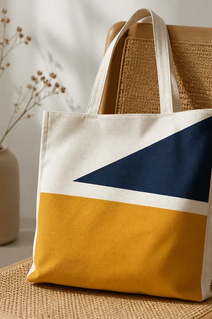 A tote with clean geometric panels: a mustard rectangle on the bottom half, a navy triangle on the top right, and light negative space between shapes with crisp tape edges.