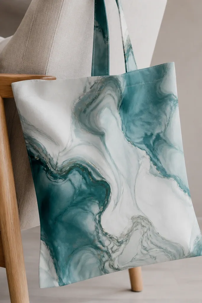 A tote section with a marbled pattern: swirls of teal, white, and soft gray that look like ink in water, with organic edges and no straight lines.