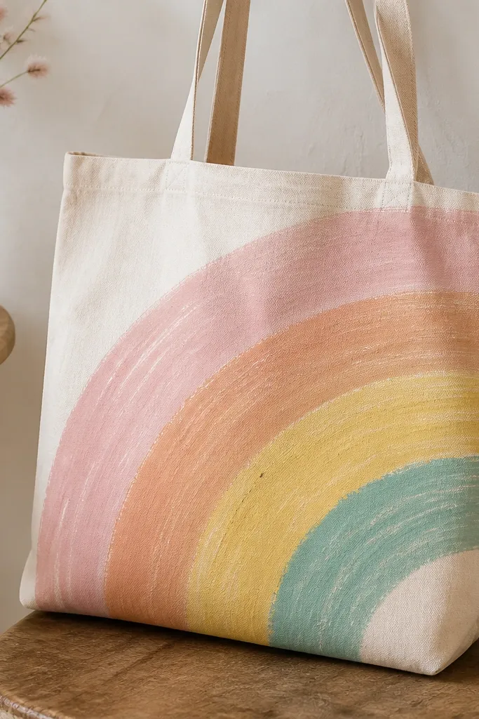 A tote with a large rainbow arc: pale pink, peach, soft yellow, and mint green stripes. The paint has visible brush strokes and a slightly speckled texture.