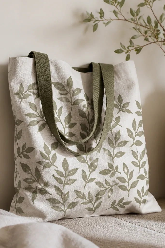 A tote with a leafy silhouette pattern in muted olive and off-white, stamped in a repeating spray-like cluster around the center.