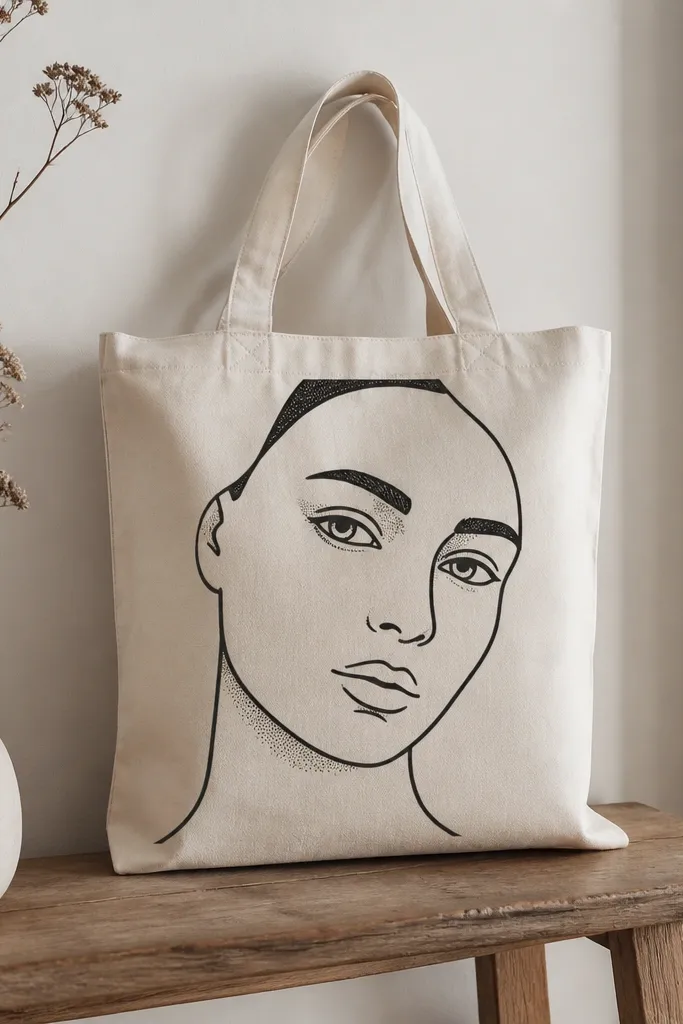 A tote with a simple line-and-shade face in black and white: bold outline, minimal shading dots, and a calm expression centered on the bag.