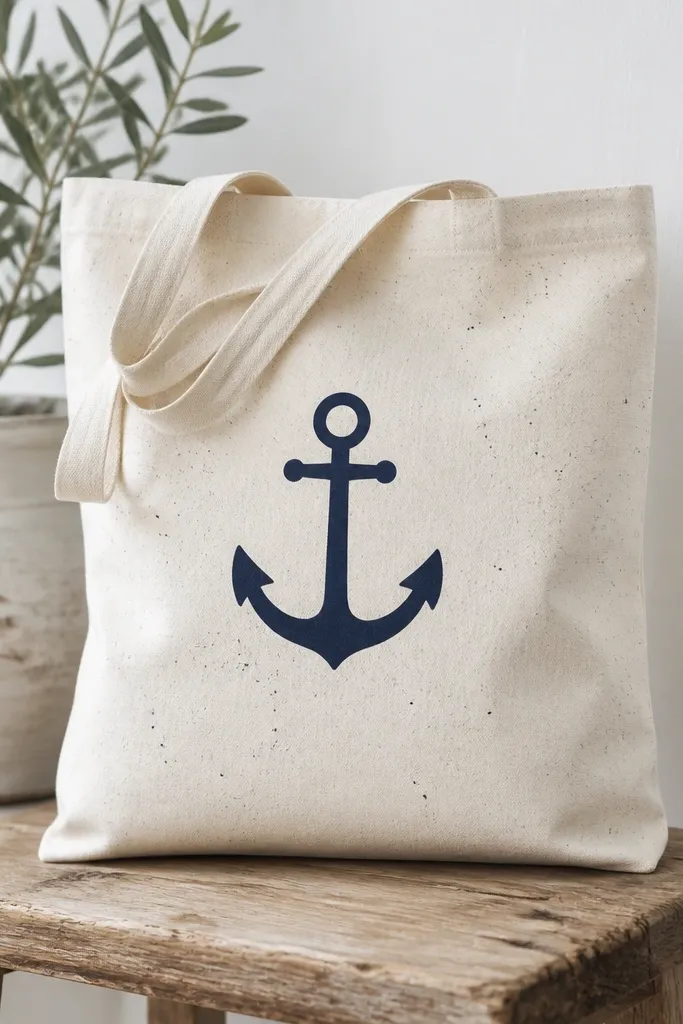 A tote with a centered navy anchor, surrounded by small off-white speckles like paint splatter. The anchor lines are crisp and the speckles are controlled.