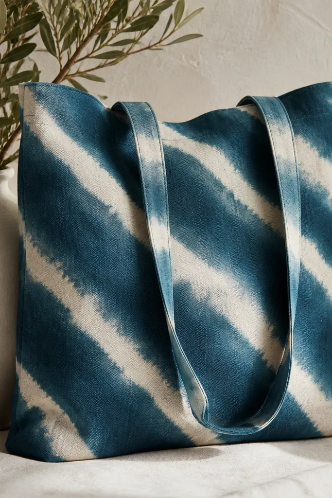A tote with diagonal stripes in teal and cream where the cream bands look preserved like resist. The stripes have soft edges and a hand-dyed feel.