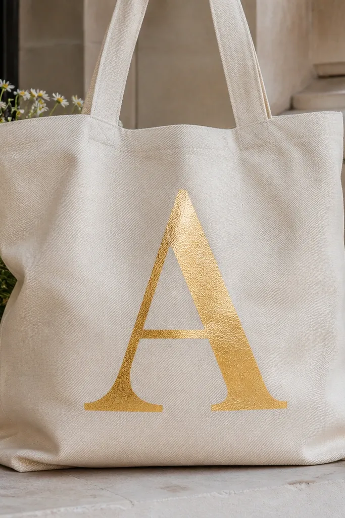 A tote with large lettering in metallic gold paint that looks slightly textured like foil. The letters sit centered and have a soft grainy shine.