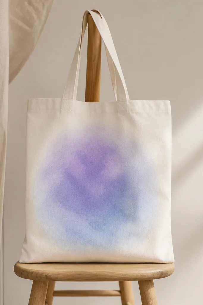 A tote with a single centered wash rectangle in lilac and pale blue. The edges fade softly outward, and the center has a stronger color concentration.