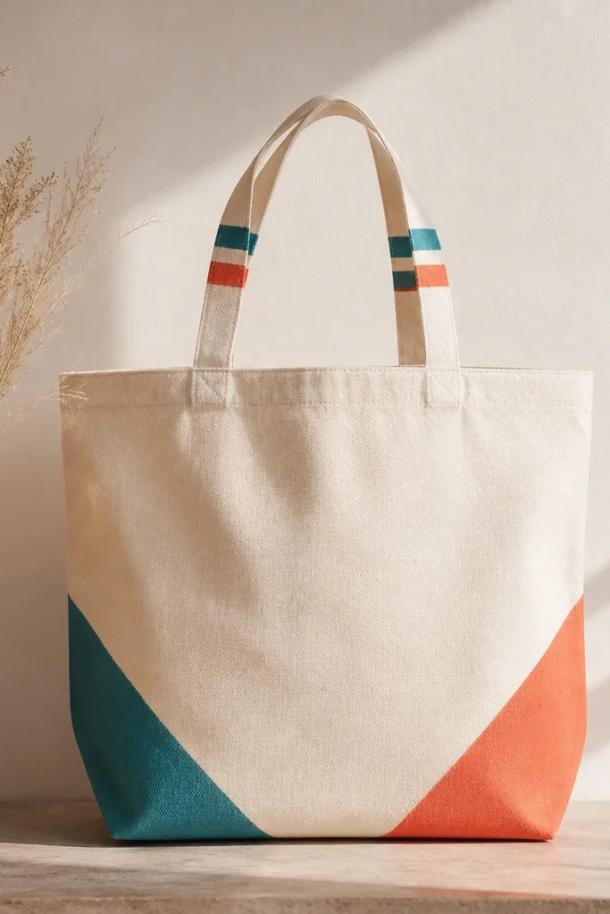 A tote with painted corner triangles in teal and coral on the bottom corners, plus matching small stripes on the handles. The rest of the bag stays natural.