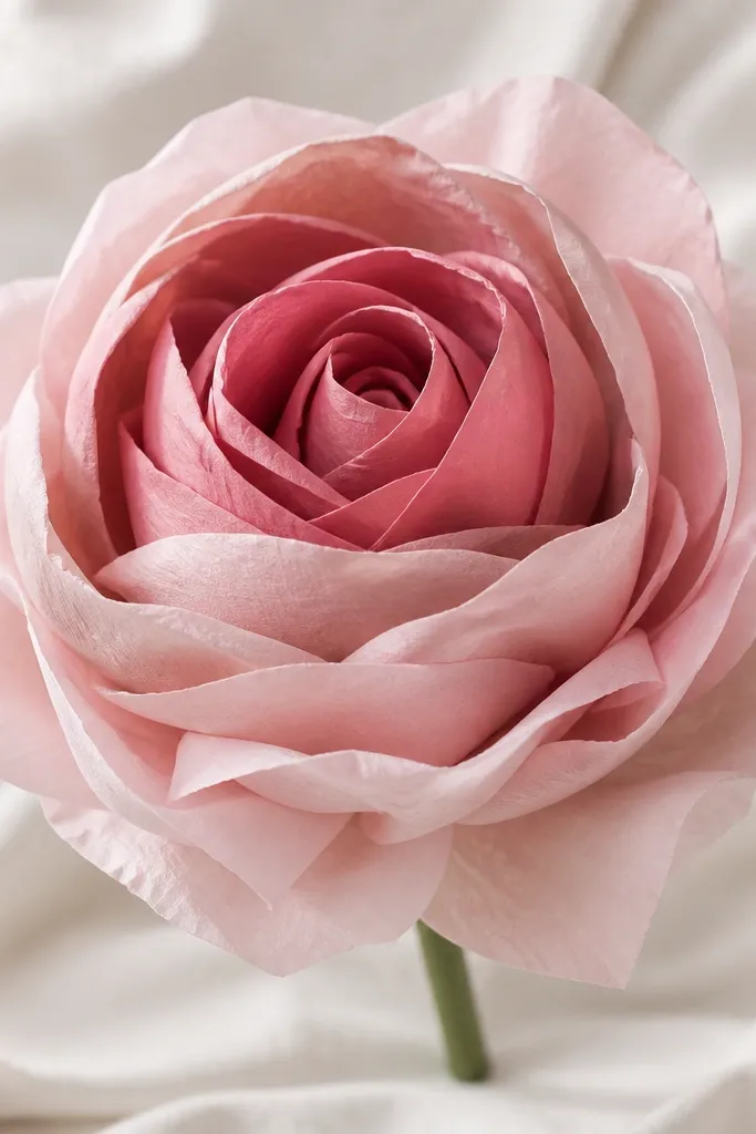 A tight cluster of tissue petals in dusty rose and blush pink forms a rounded rose head. The center has a darker rose-pink wrap, and the petals look like layered folds rather than cut fringe. A short green stem peeks out at the bottom.