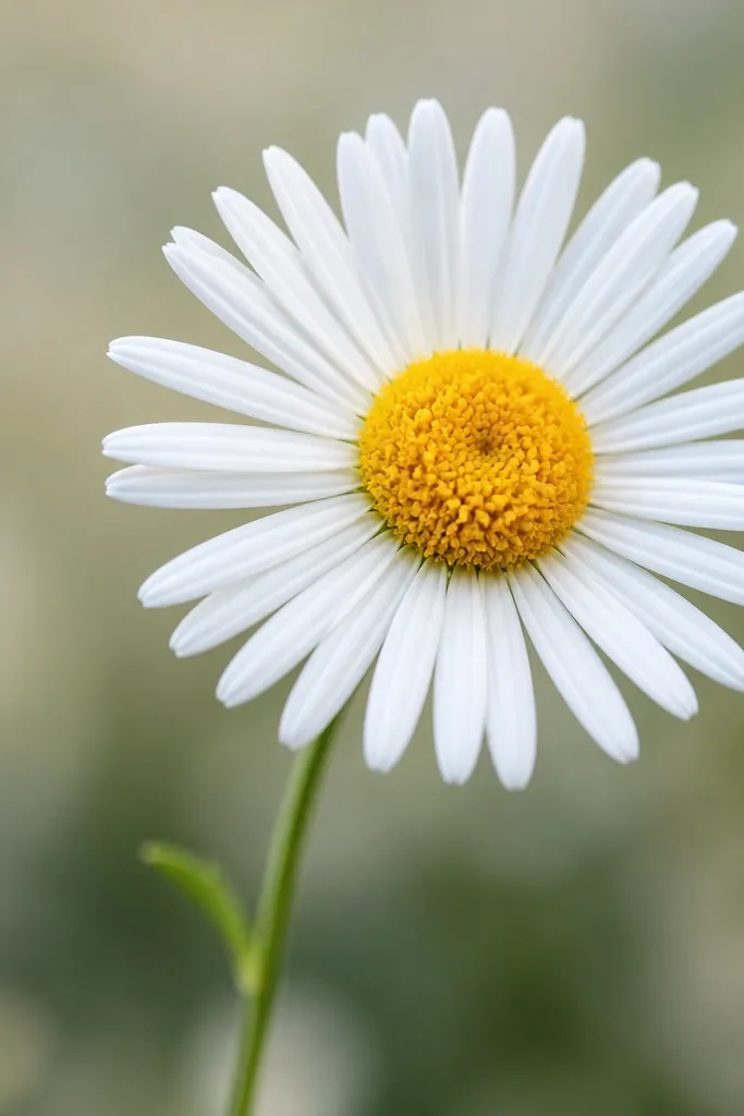 A bright white daisy with a sunflower-yellow center sits on a thin green stem. The petals are narrow and evenly spaced, fanning outward like a sunburst. The yellow center looks slightly crinkled and raised.