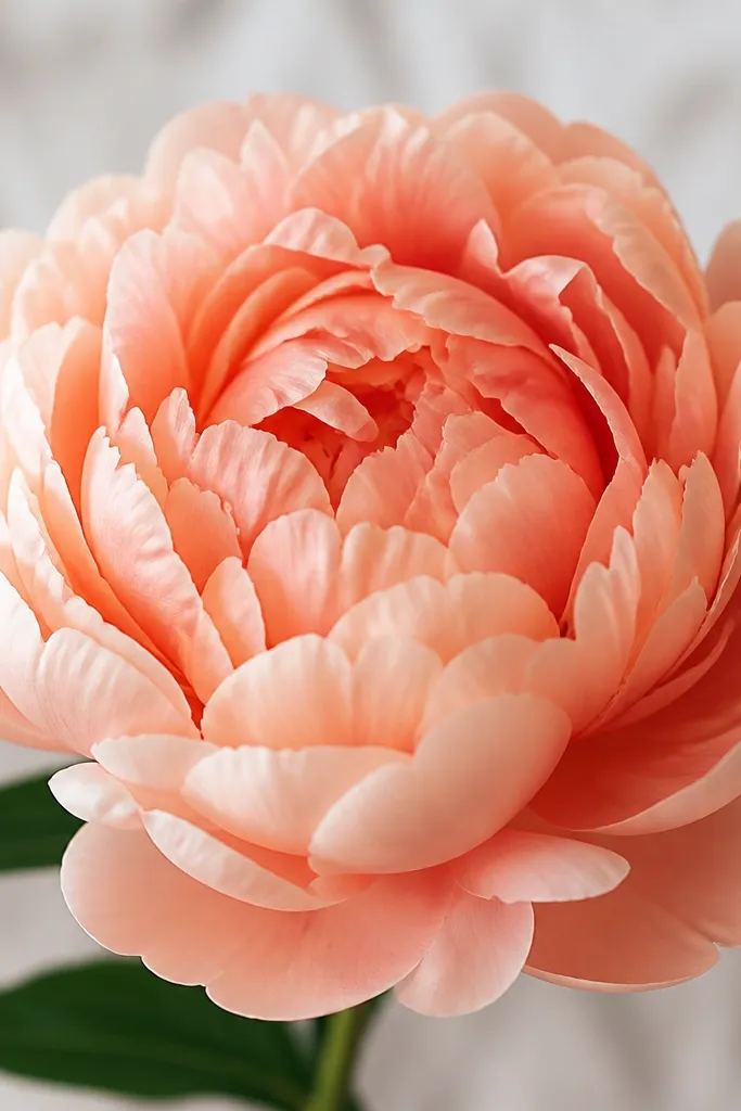 A full peony in soft coral and peach tones, with many rounded petals layered outward. The outer petals are lighter and the inner petals are slightly deeper coral. The flower head is thick and domed.