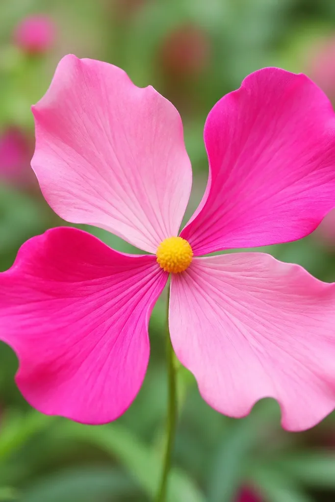 A whimsical flower with four wing-like petal sections, each with a slight wave. The center is a bright yellow dot. Petals alternate between pink and magenta tissue.
