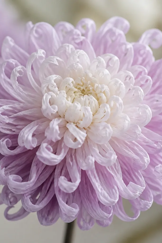 A fluffy flower with curled fringe that spirals outward from a tight center. The tissue looks like soft crepe curls in a gradient from white to soft lilac.