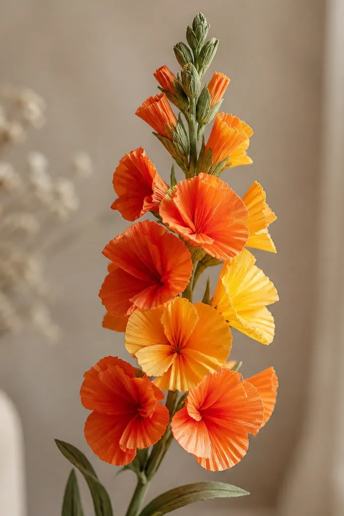 A tall narrow flower cluster with layered spikes. Petals are made from small tissue strips folded into fan shapes, creating a snapdragon-like silhouette in bright orange and yellow.