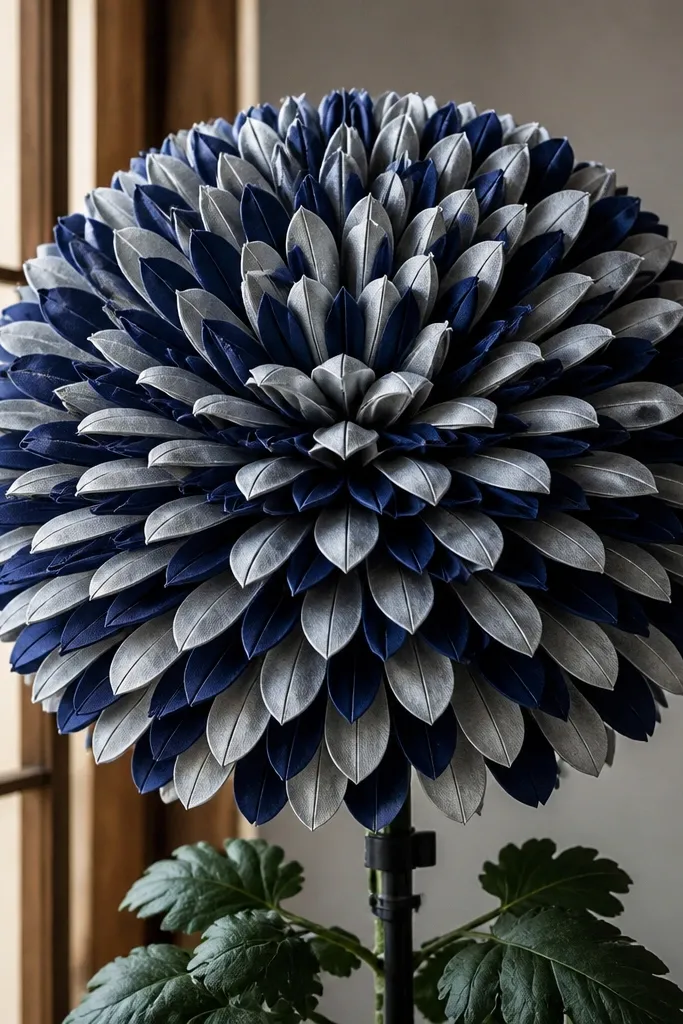 A huge round chrysanthemum in deep navy and silver tissue, with thick, fan-folded petals. The bloom sits on a stand with a visible stem. Petals look dense and evenly spaced.