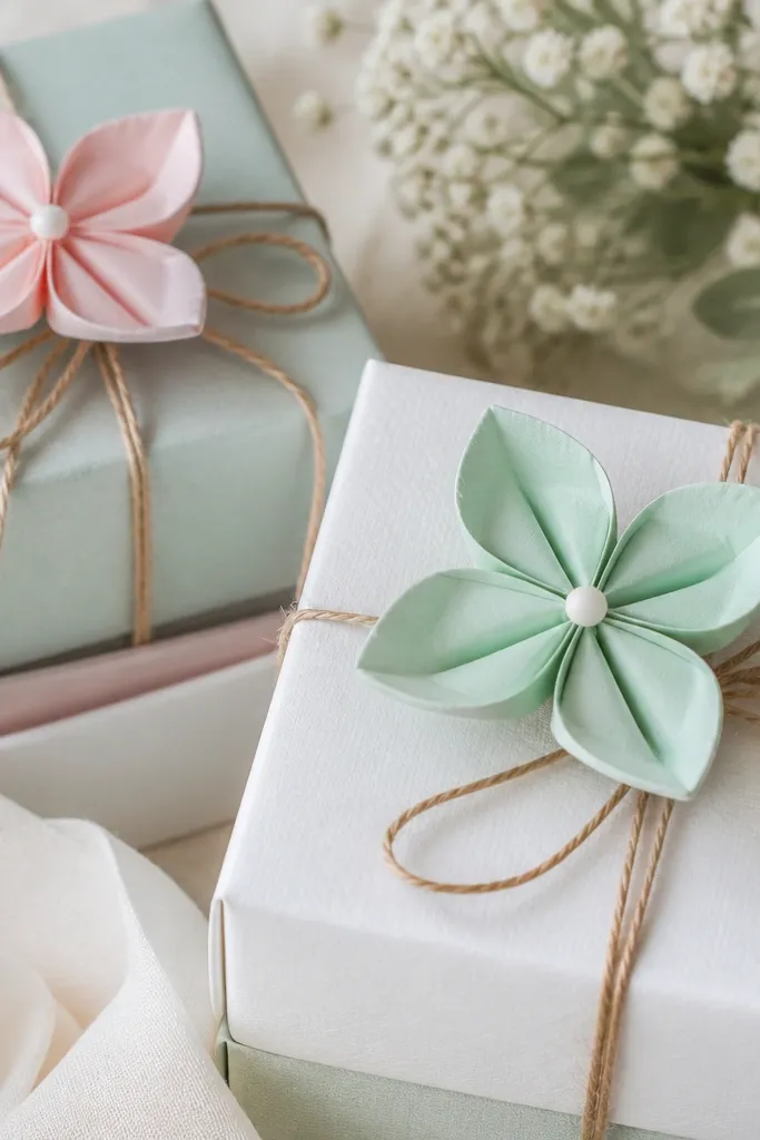 Small folded tissue flowers in pastel mint and pale pink, each with four rounded petals and a tiny center dot. They sit on top of gift bags with twine.