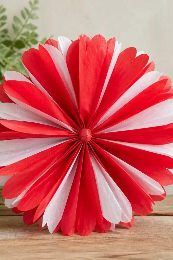 A rosette-style tissue flower with crisp, flat layers fanning outward. Colors are bright red with white tissue layers visible between. The center is tightly wrapped with tape.