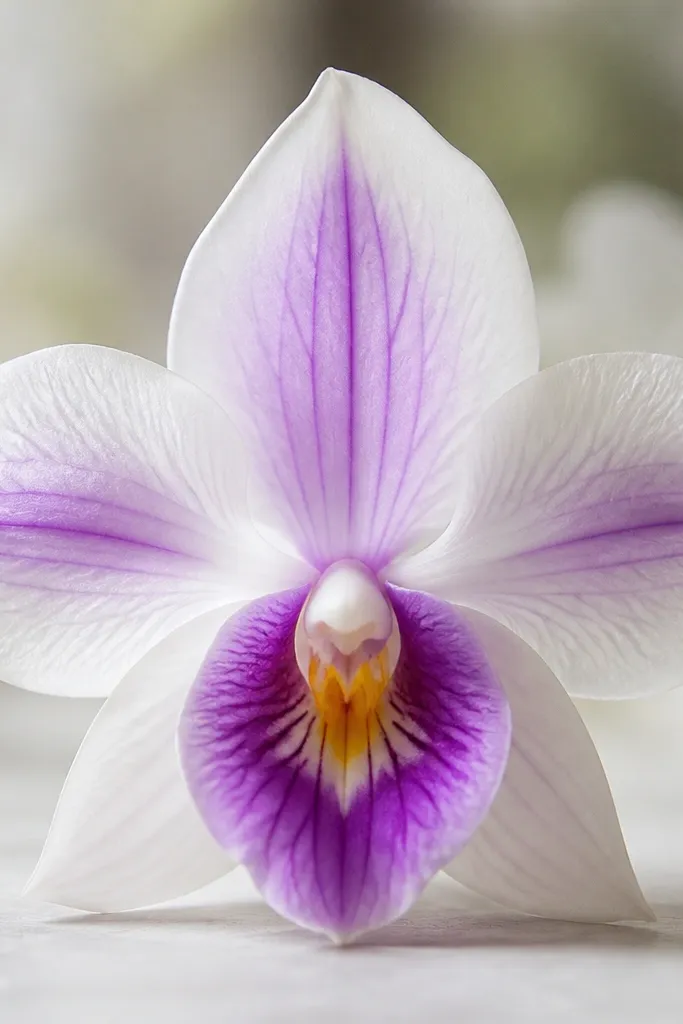 A single orchid-like tissue flower with two side wings and a center lip. Petals are white with purple accents, and the center has a yellow dot.