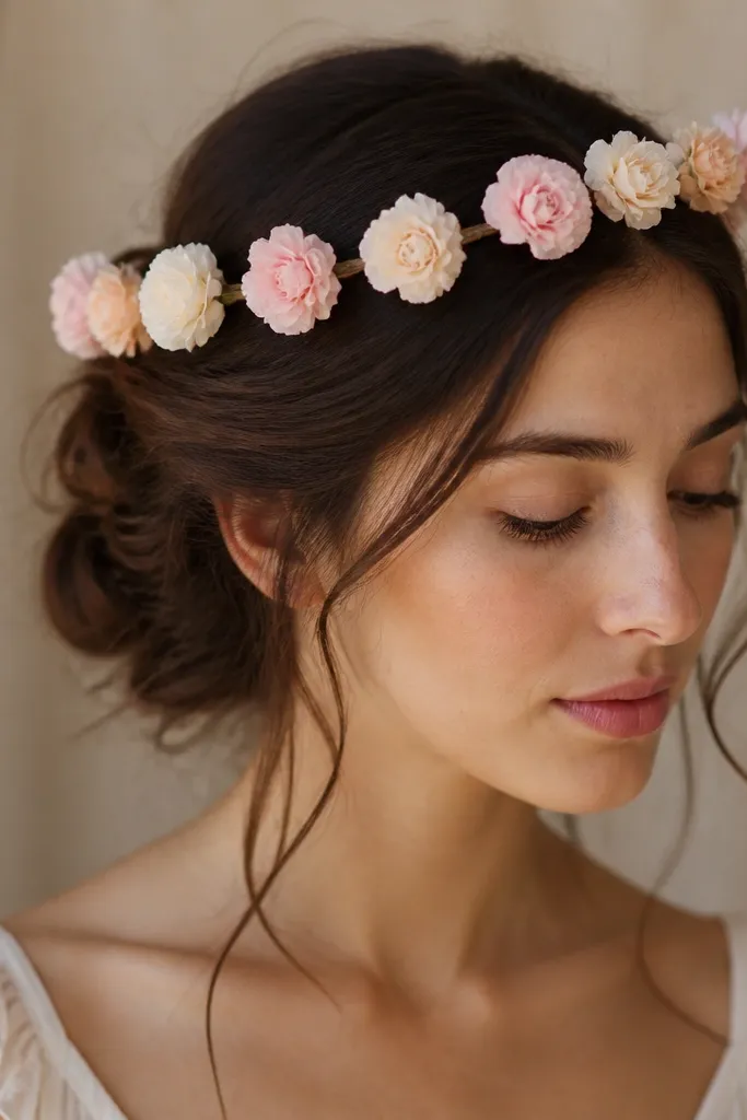 A floral crown made from a thin headband with multiple small tissue blossoms in pink, cream, and peach. The flowers are spaced evenly and angled outward.