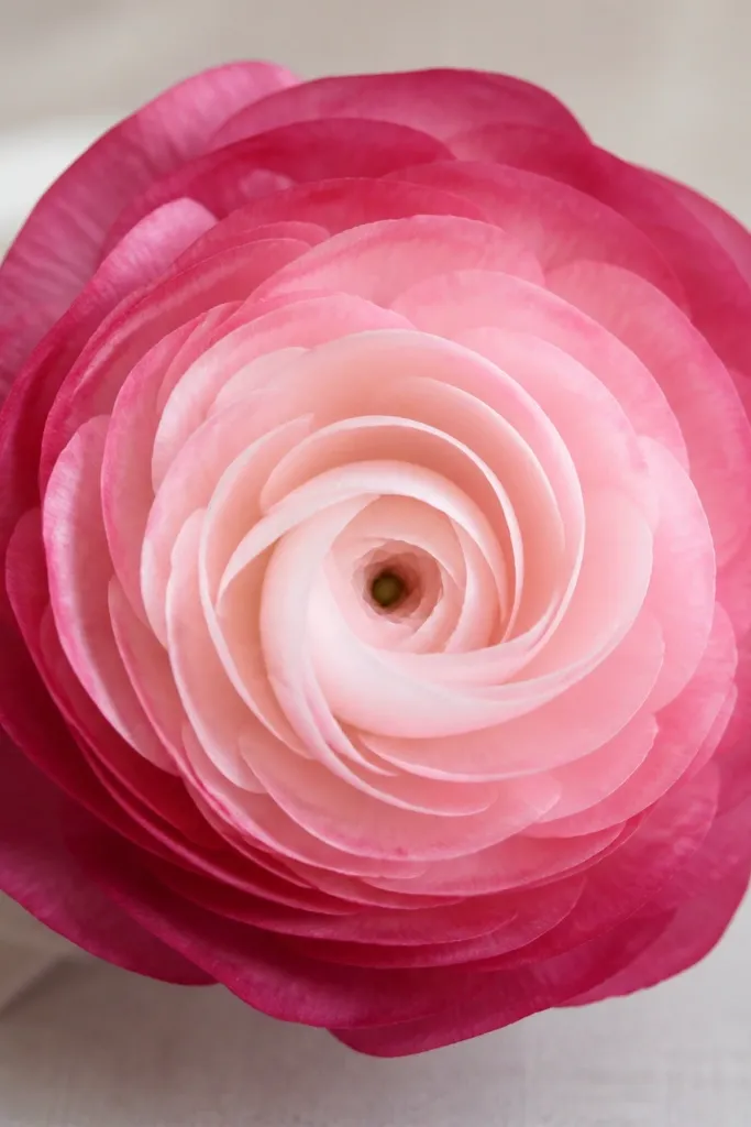 A flower with smooth color fade from dark at the outer edge to pale toward the center. Petals are made from layered tissue circles with a tight, wrapped center.