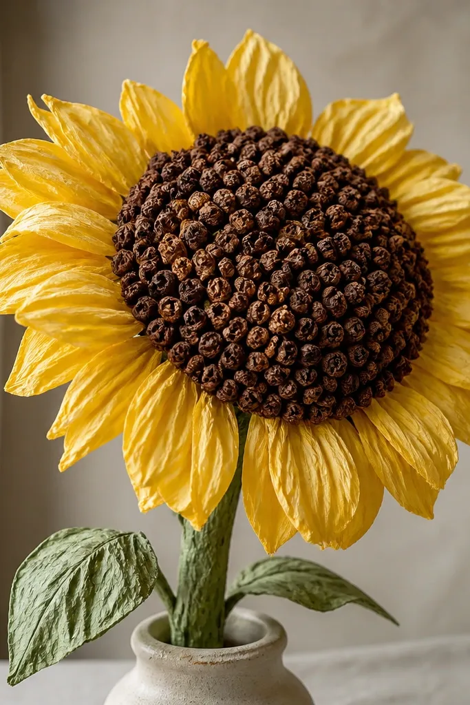 A sunflower with yellow petals and a thick, bumpy brown center made from small rolled tissue pieces. The head looks heavy and textured.