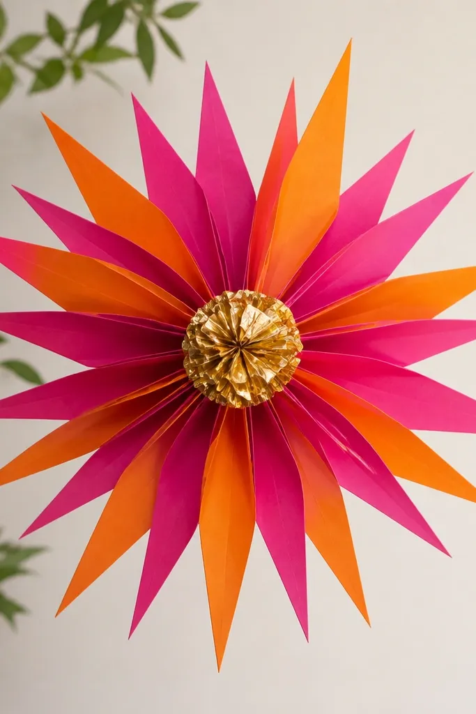 A starburst flower with pointed triangular petals in alternating colors. The petals look like a sun with sharp edges, and the center is wrapped in gold tissue.