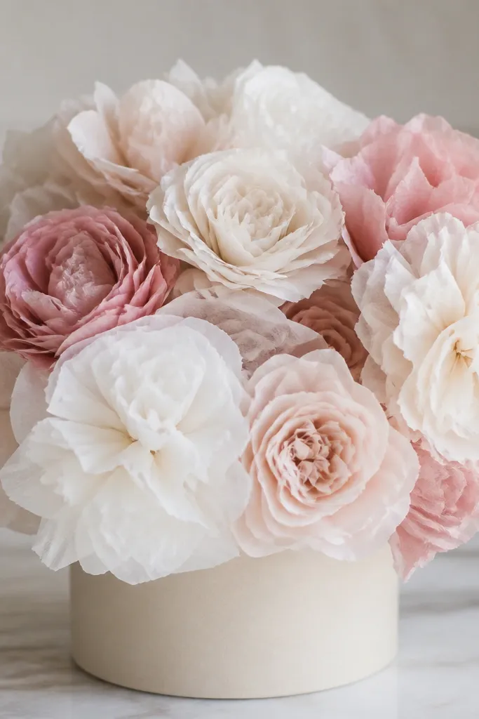 A cluster of tissue flowers arranged in a container like a bouquet, but the flowers are stemless and mounted on small foam circles. Colors are white, blush, and pale pink.