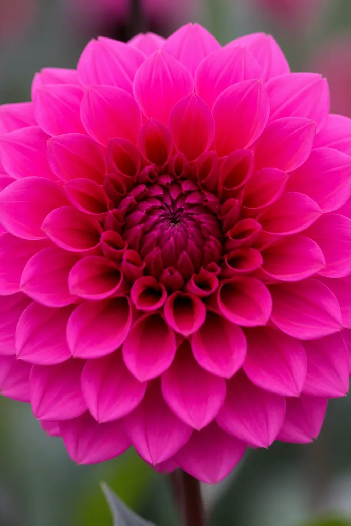 A dahlia-like flower with many rounded petals layered in concentric circles. Petals are bright fuchsia with a deeper magenta center ring.