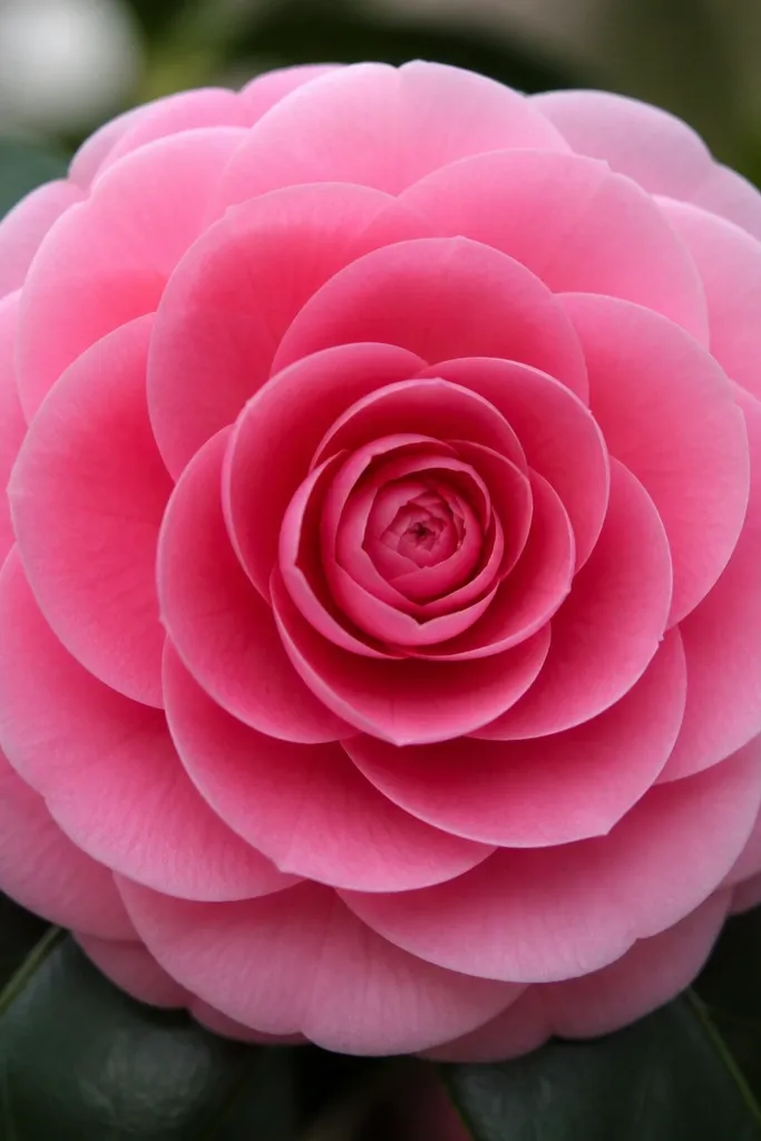 A camellia-like flower with a tight spiral center and layered outer petals. Petals are deep pink with a lighter pink outer ring.