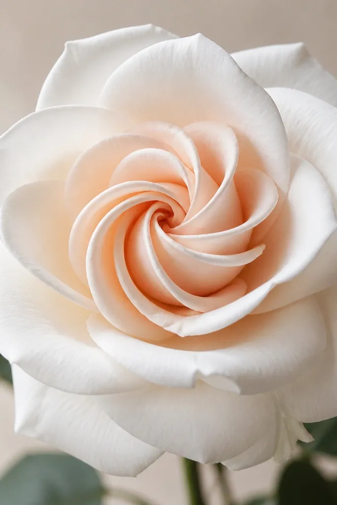 A rose-like flower with a twisted, ribbon center and layered outer petals. The outer petals are white, and the twisted center is pale peach.