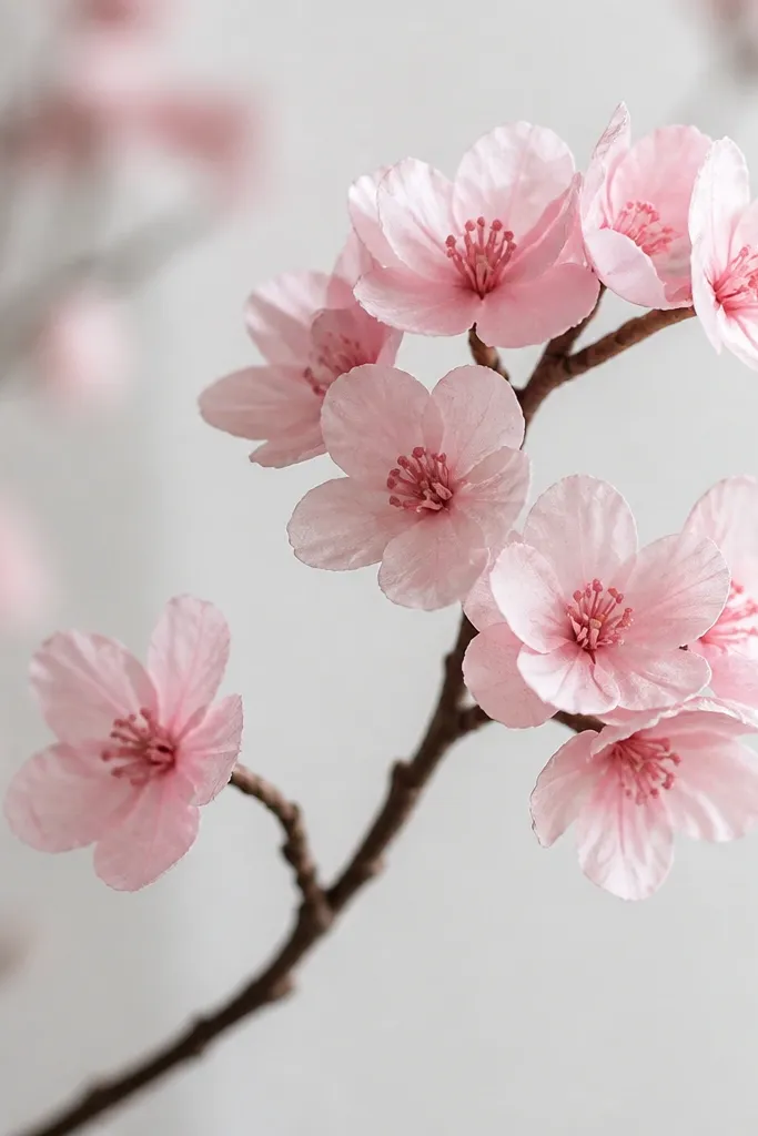 Small cherry blossom clusters in pale pink tissue with tiny darker pink centers. Multiple blooms are grouped on a thin branch made from wire wrapped in brown paper.