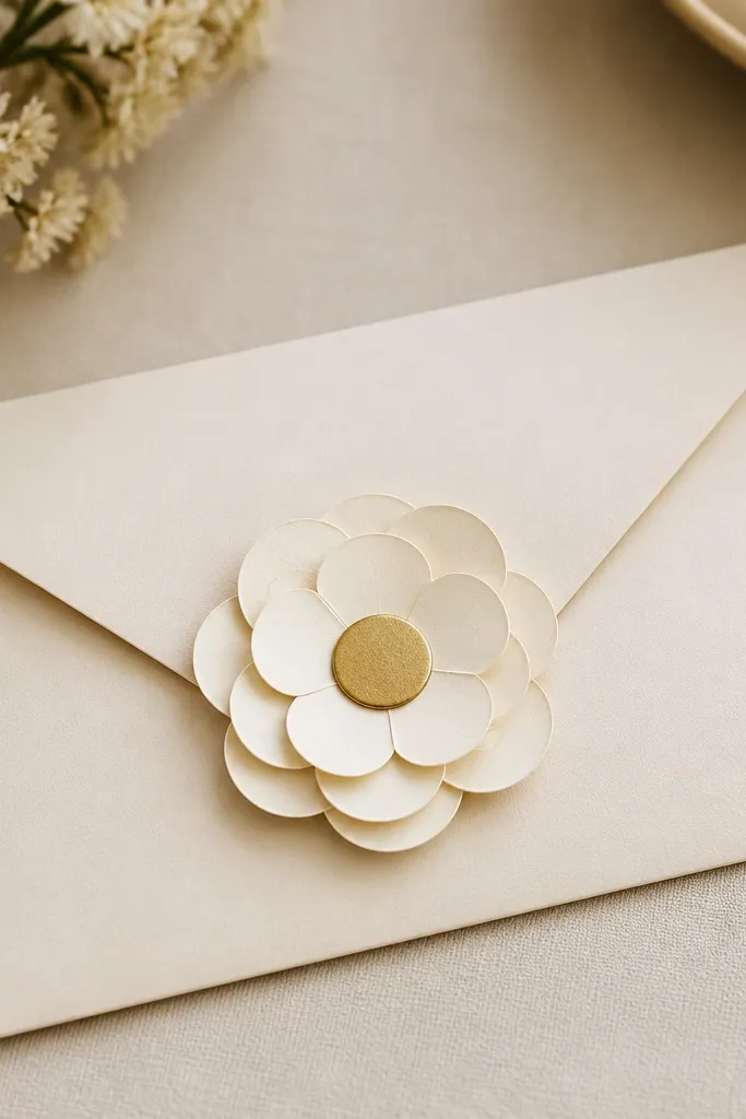 A flat layered flower attached to the front of an envelope, with petals stacked like a rosette but kept low and neat. Colors are cream petals with a gold center circle.