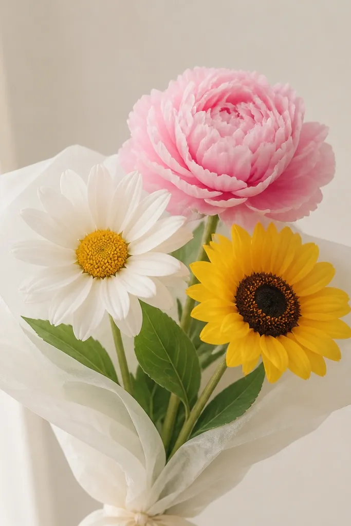 A small bouquet made from three different tissue flowers placed together: one white daisy, one pink peony, and one yellow sunflower-style bloom. The colors sit in clear blocks with visible spacing between heads.