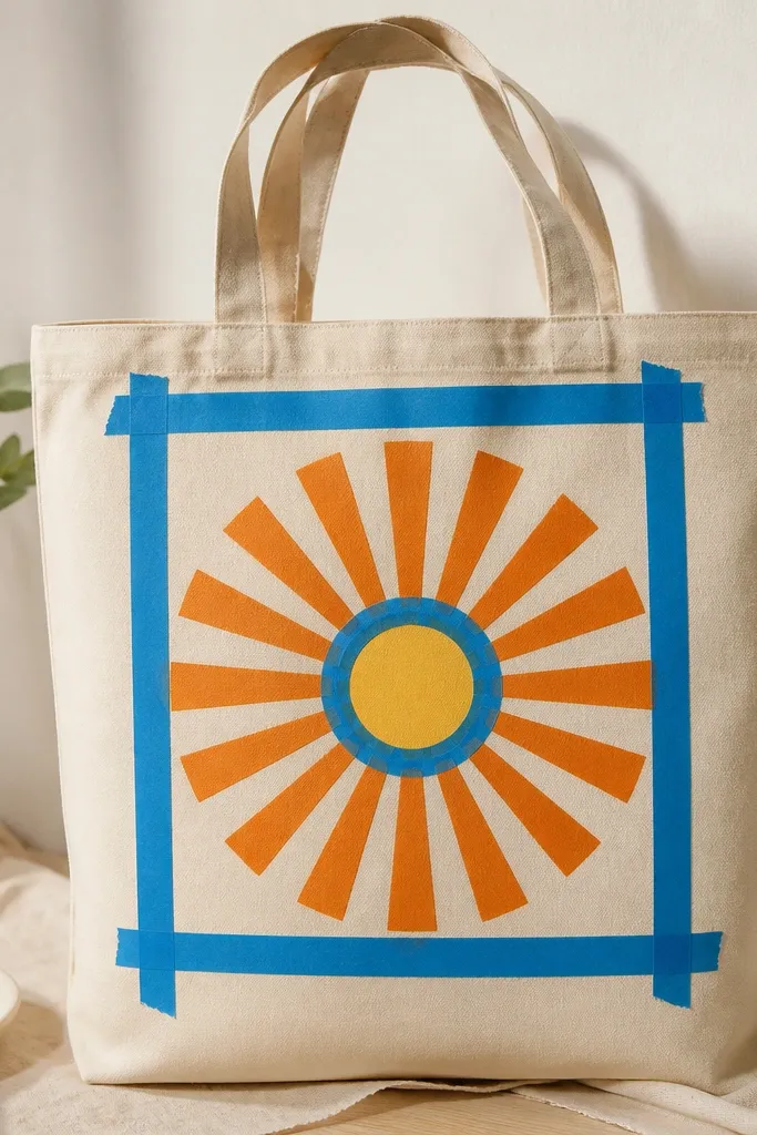 A cream canvas tote showing a centered sunburst made of orange rays and a smaller yellow circle in the middle; the rays are straight and evenly spaced, with painter's tape edges before painting.