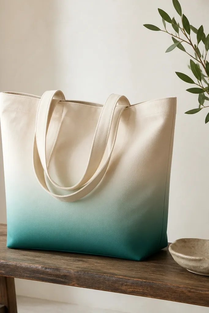A light beige tote with a smooth gradient band starting near the bottom seam: deep teal at the very bottom fading into pale mint toward the center.