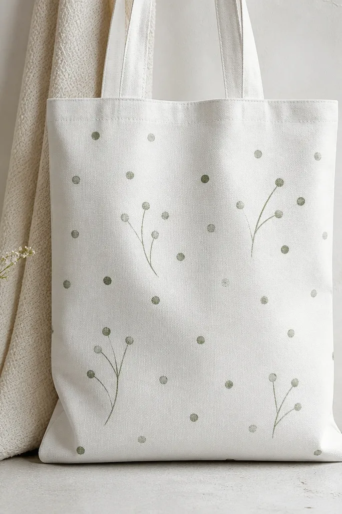 A white tote with scattered tiny sage-green dots like seeds and a few simple stems curling upward; the dots look hand-stamped and the stems have consistent thin lines.