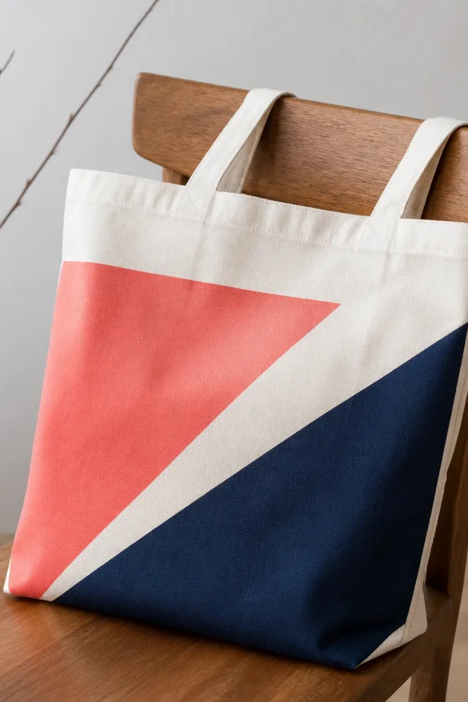 A natural canvas tote with bold rectangular blocks in coral and navy forming a diagonal pattern; painter's tape created crisp corners and clean separation.