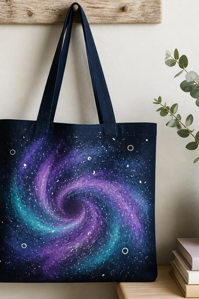 A dark navy tote with a swirling galaxy in purple and teal; white star speckles and a few small ring shapes appear crisp where masking fluid resisted paint.