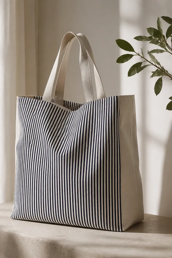 A striped tote with narrow vertical lines in navy and off-white running along one side panel; the stripes are evenly spaced and aligned from top to bottom.