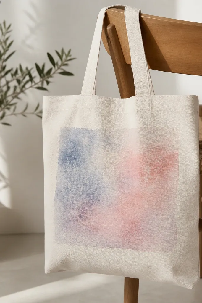 A tote with a semi-transparent watercolor rectangle centered on the front; inside it are soft blues and pinks with tiny speckled textures from salt.
