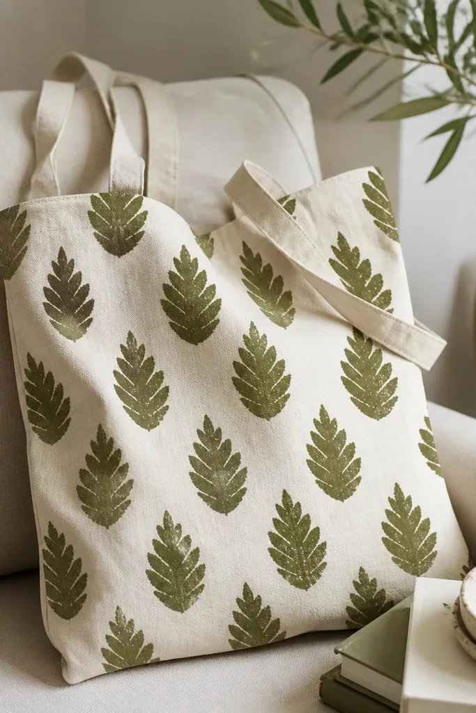 A tote with repeating leaf shapes in olive green; each leaf has a slightly different edge, like a stamp, arranged in a gentle diagonal pattern.