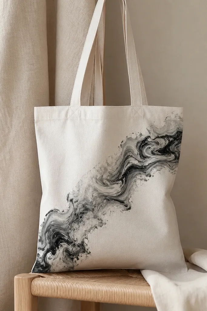 A tote with a diagonal ribbon of marbled swirls in black, gray, and white; the swirls look like ink floating on water.