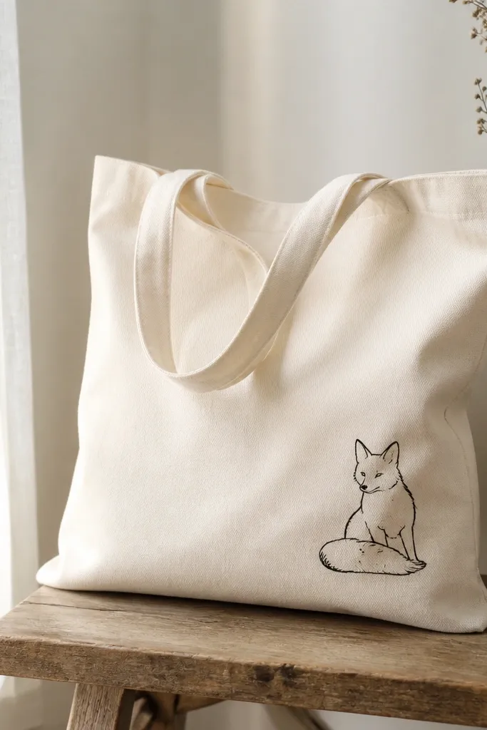 A cream tote with a small fox outline in black near the bottom right; the lines are clean, slightly varied in thickness, like a hand-drawn sketch.